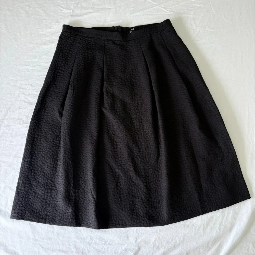 H&M Womens Black Textured Pleated Front A-Line Minimalist Classic Skirt Size‎ 14
